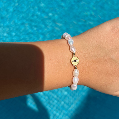 CALLIOPE EVIL EYE PEARL BRACELET - GOLD