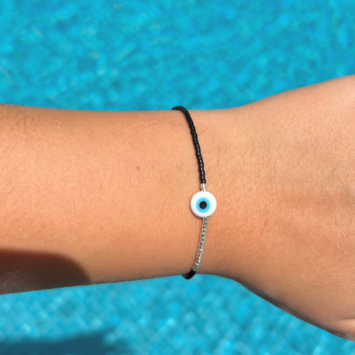 SELENE EVIL EYE BEADED BRACELET - BLACK + SILVER